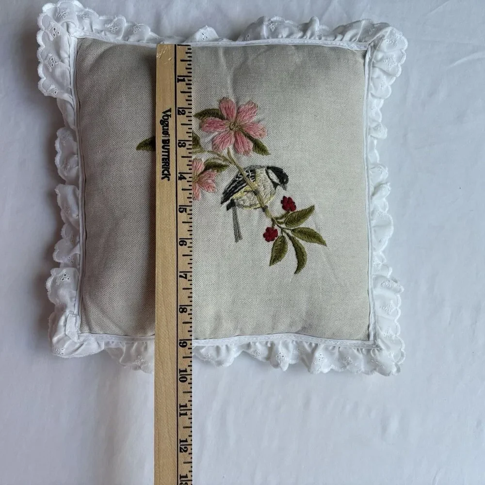 Vintage Embroidery Bird Flowers Throw Pillow Handmade 9” Cottagecore Farmhouse